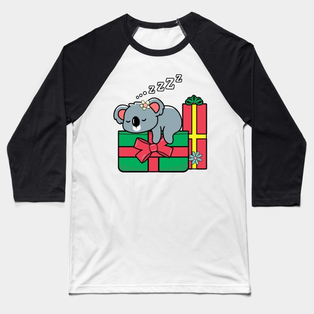 Christmas Koala Sleeping on Presents Baseball T-Shirt by ArtRUs